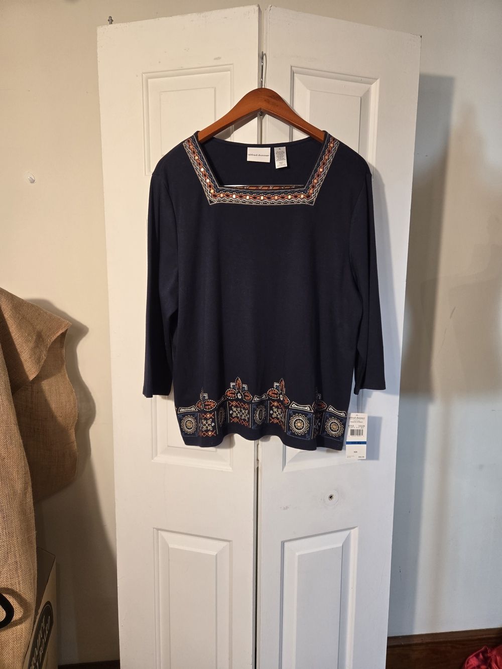 Alfred Dunner Navy Embroidered Square-Neck Tunic Top